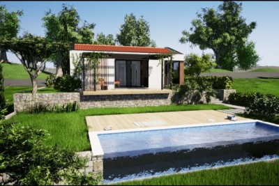 Moderna koča s teraso, vrtom in bazenom - v fazi gradnje