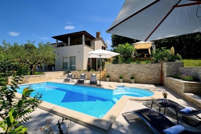 A villa with a swimming pool and a beautiful garden