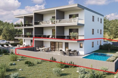 Luxurious apartment on the ground floor with a swimming pool, 700m from the sea and the marina - under construction